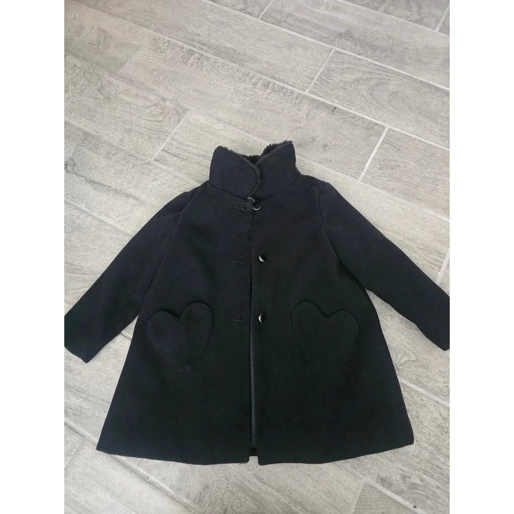 Gymboree Girls Black Heart Pocket Faux Fur Collar Pea Coat 3T